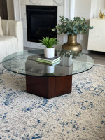 Hexagon Burl Inlay and Walnut Wood Base w/Glass Top Coffee Table!