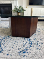 Hexagon Burl Inlay and Walnut Wood Base w/Glass Top Coffee Table!