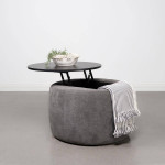 ~Round Ottoman in Grey Chenille with Lift Top Table~