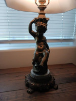 ANTIQUE BRONZE AND MARBLE CHERUB TABLE LAMP