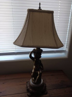 ANTIQUE BRONZE AND MARBLE CHERUB TABLE LAMP