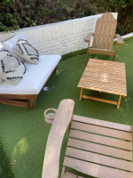 Outdoor set, Two teak loveseats, two Adirondack chairs, teak table
