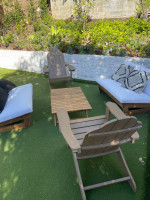 Outdoor set, Two teak loveseats, two Adirondack chairs, teak table
