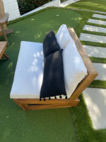 Outdoor set, Two teak loveseats, two Adirondack chairs, teak table