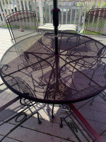 Heavy cast iron metal patio table 4 chairs glider rocker umbrella