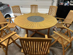 Round Teak Table With Marble Lazy Susan And 8 Folding Teak Chairs (made By Front