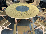 Round Teak Table With Marble Lazy Susan And 8 Folding Teak Chairs (made By Front
