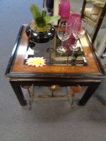 Asian Black and Brown Wood and Glass End Table