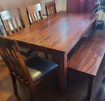 Dining table, chairs, bench