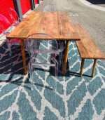 Solid mango wood dining table set w/ bench and ghost chairs