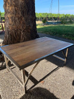 metal framed, wood topped coffee table