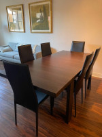 Modern dining table, 6 chairs, 2 leaves