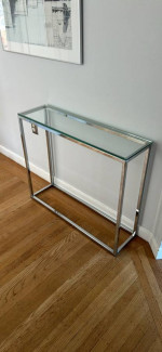 CB2 hallway console table metal + glass