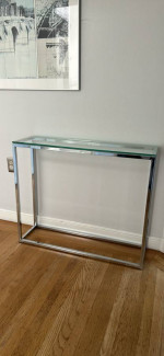 CB2 hallway console table metal + glass