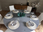 REDUCED!!Designer Round Quartz Dining Table + 6 White Leather Chairs