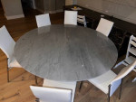 REDUCED!!Designer Round Quartz Dining Table + 6 White Leather Chairs