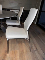 REDUCED!!Designer Round Quartz Dining Table + 6 White Leather Chairs