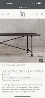 Restoration hardware, flat, iron dining table, 92 inches long