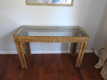 1970s Wicker Side Table Console With Glass Top