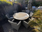 Teak patio set, Kingsley Bate table, all weather wicker chair, outdoor