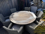 Teak patio set, Kingsley Bate table, all weather wicker chair, outdoor