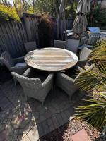 Teak patio set, Kingsley Bate table, all weather wicker chair, outdoor