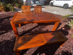 Teak patio set, table, bench, 2 armchairs, outdoor furniture
