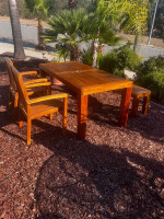 Teak patio set, table, bench, 2 armchairs, outdoor furniture