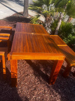 Teak patio set, table, bench, 2 armchairs, outdoor furniture