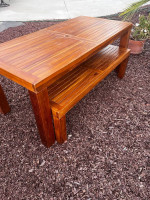 Teak patio set, table, bench, 2 armchairs, outdoor furniture