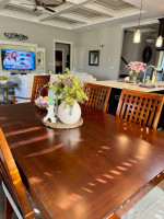 Dining room table, chairs and cabinet