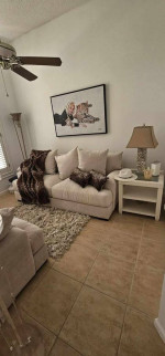 LIVINGROOM SET - (CREAM SOFA, CREAM LOVE SEAT, 2 LAMPS, FLOOR LAMP)