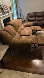 Sofa brown micro fiber 2 recliners built in. No holes or rips. You pic