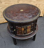 Dark wood round sofa side end table home office library leather top book accent