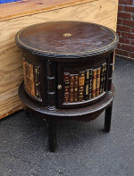 Dark wood round sofa side end table home office library leather top book accent