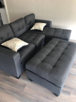 Brand New Grey Linen Sectional Sofa Couch +Ottoman (New In Box)