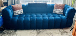 Blue 91" Velvet Tuxedo Arm Sofa