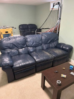 Blue Leather Couch / Sofa Recliner and Love Seat Recliner
