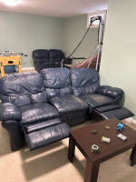Blue Leather Couch / Sofa Recliner and Love Seat Recliner