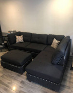 Brand New Black Linen Sectional Sofa +Ottoman (New In Box)