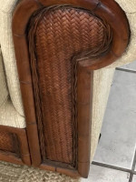 Tan Sofa With Wood and Rattan Trim