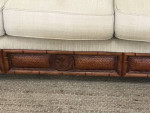 Tan Sofa With Wood and Rattan Trim