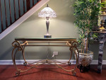 Like New Bernhardt Glass Top Scroll Iron Base Sofa Table