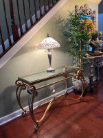 Like New Bernhardt Glass Top Scroll Iron Base Sofa Table