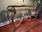 Like New Bernhardt Glass Top Scroll Iron Base Sofa Table