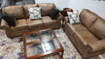 Living Room Leather Tan Sofa Loveseat