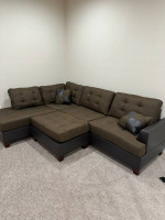 Brand New Brown Linen Sectional Sofa Couch +Ottoman