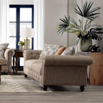70" Tufted Sofa with Scroll Arms, Brown