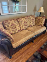 Bernhardt Traditional Leather/Paisley Sofa & Chair w/ Ottoman Set