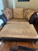 Bernhardt Traditional Leather/Paisley Sofa & Chair w/ Ottoman Set
